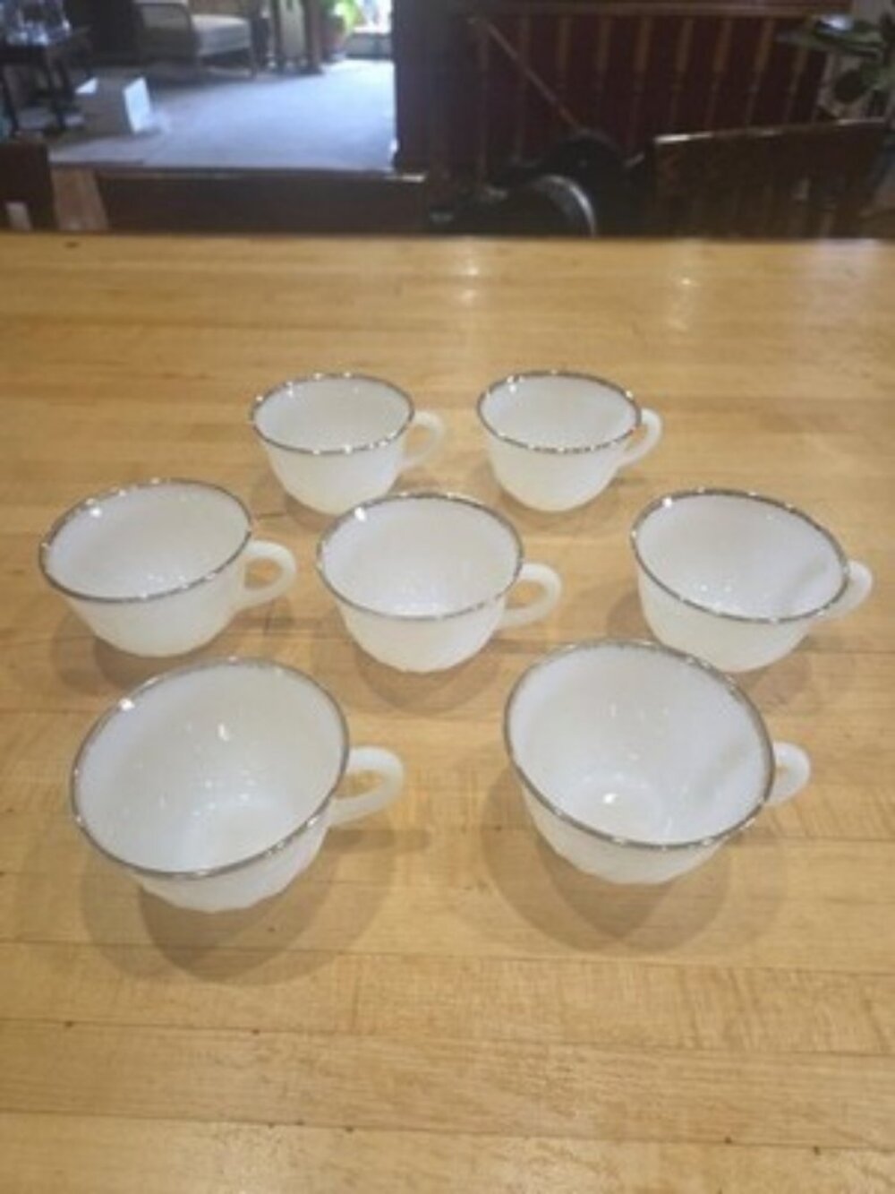 Vintage Fire King White Swirl Gold Rim Milk Glass Teacups Set of 7